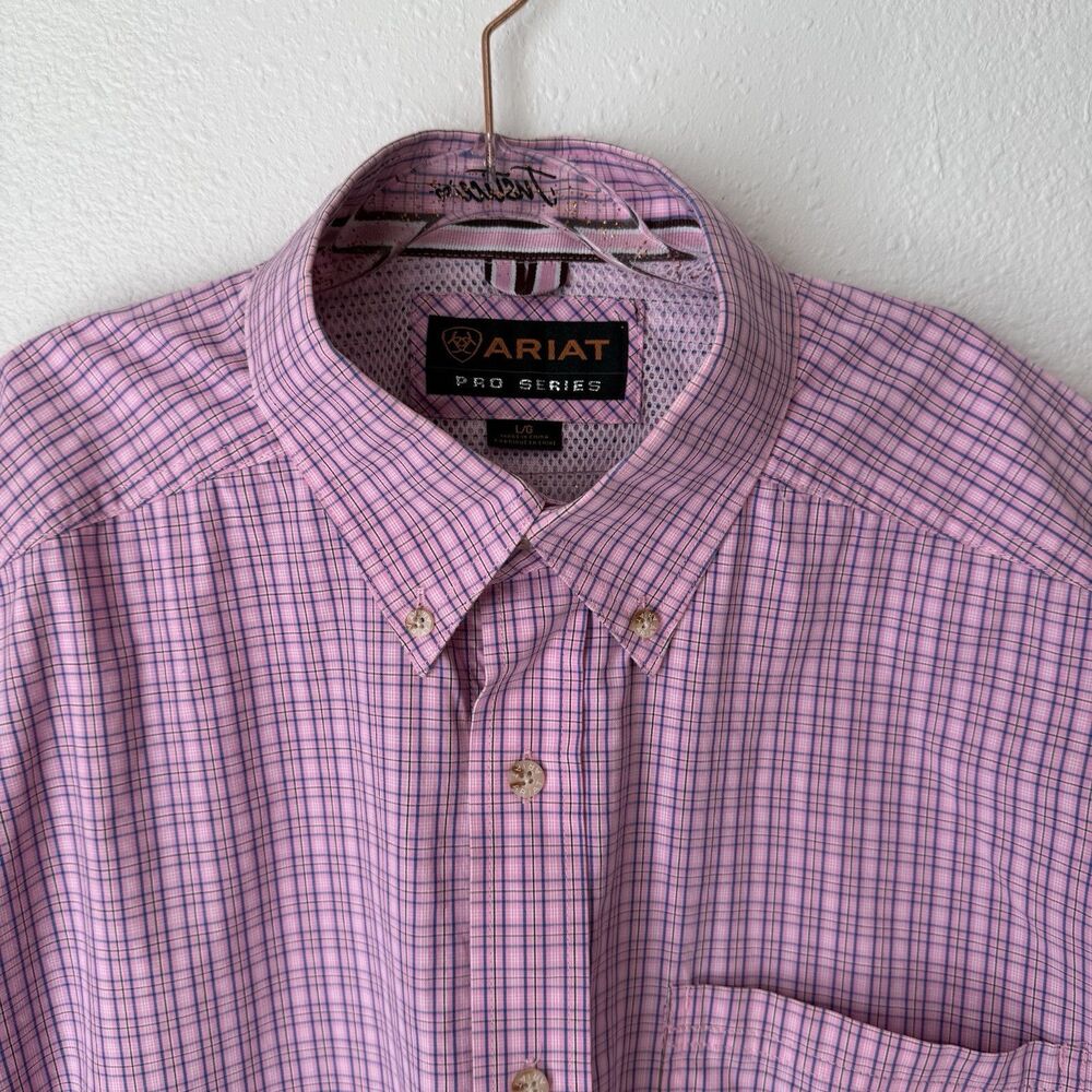 Ariat Pro Series Shirt Men L Pink Plaid Button Down Short Sleeve Chest Pocket - Picture 12 of 13